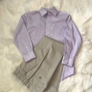 Boy khaki and lavender/white striped shirt.